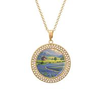 FekiLoot Pendant Texas Bluebonnets Scenery Necklace for Men Women Personalized Picture Diamond Circle Necklace Pendant Jewelry with Picture with 19.7 Inch Chain Gift for Valentine's Day, One Size