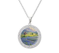 FekiLoot Pendant Texas Bluebonnets Scenery Necklace for Men Women Personalized Picture Diamond Circle Necklace Pendant Jewelry with Picture with 19.7 Inch Chain Gift for Valentine's Day, One Size