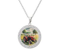 FekiLoot Pendant Tractor Theme Necklace for Men Women Personalized Picture Diamond Circle Necklace Pendant Jewelry with Picture with 19.7 Inch Chain Gift for Valentine's Day, One Size, Titanium Steel