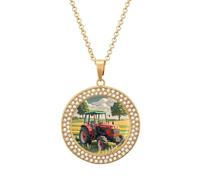 FekiLoot Pendant Tractor Theme Necklace for Men Women Personalized Picture Diamond Circle Necklace Pendant Jewelry with Picture with 19.7 Inch Chain Gift for Valentine's Day, One Size, Titanium Steel