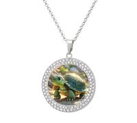 FekiLoot Pendant Turtle in The Sun Necklace for Men Women Personalized Picture Diamond Circle Necklace Pendant Jewelry with Picture with 19.7 Inch Chain Gift for Valentine's Day, One Size, Titanium