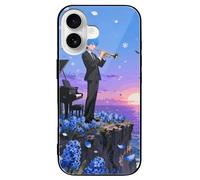FekiLoot Petal Dance Anime for iPhone 16 Case Tempered Glass TPU Back Panel Shockproof with Anti-Fingerprint Phone Cover Black