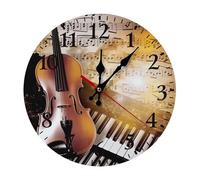 FekiLoot Piano Violin Music Notes Wall Clock Round for Home, Battery Operated Wall Clocks for Bedroom, Fashionable Silent Non-Ticking Clock 25 * 25cm with Arabic Numeral for Kitchen Black