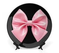 FekiLoot Pink Bow Decorative Plates Bone China Plates with Stand for Display 10inch Round Ceramic Dinner Plates Dessert Plate for Kitchen Party Coffee Table Decor Art
