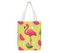 FekiLoot Pink Flamingo And Watermelon Canvas Tote Bags with Interior Pocket Big Capacity Shoulder Bag Zipper Casual Tote's Handbag Reusable Grocery Shopping Bags for Promotion Gift Activity