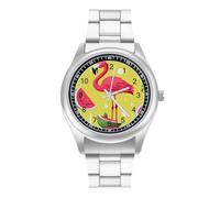 FekiLoot Pink Flamingo and Watermelon Watch Minimalist Fashion Wristwatch Exquisite Casual Watch Lightweight Alloy Slim Timepiece Case Cute Stainless Alloy Wristwatch for Men Women Gift Casual Watch