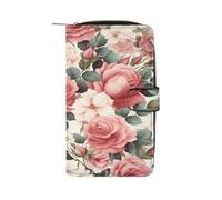 FekiLoot Pink Rose Floral Wallet Large Capacity Travel Double Fold Wallets Portable Zipper Leather Purse for Women Men