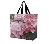 FekiLoot Pink Rose Hydrangea Shopping Bag Foldable, Multipurpose Shoulder Bag, Reusable Grocery Bag Holder with Long Shoulder Strap, Waterproof Tote Bags for Work, Beach, Travel