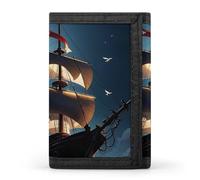 FekiLoot Pirate Sailboat Full Moon Wallet Men's Trifold Wallet Extra Capacity Credit Card Holder Cards Purse Front Pocket