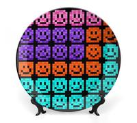 FekiLoot Pixel Color Happy Face Decorative Plates Bone China Plates with Stand for Display 8inch Round Ceramic Dinner Plates Dessert Plate for Kitchen Party Coffee Table Decor Art