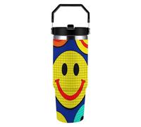 FekiLoot Plaid Happy Face Pattern 30oz Tumbler with Handle And Flip Straw Lid Double Wall Travel Leak-proof Coffee Mug Stainless Steel Vacuum Insulated Coffee Tumblers Cup for Hot And Cold Drinks