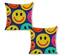 FekiLoot Plaid Happy Face Pattern Pillow Covers 18"x18"（2pcs） Decorative Throw Pillow Cases Outdoor Linen Vintage Flowers Cushion Cover Farmhouse Neutral Pillowcase for Couch Home Sofa Decor
