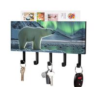 FekiLoot Polar Bears Northern Lights Key Holder Wall Mount PU Leather Adhesive Key Rack with 5 Hooks Decorative Keys Storage Holder Mail Organizer Decor for Entryway Hallway Office Kitchen Black