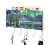 FekiLoot Polar Bears Northern Lights Key Holder Wall Mount PU Leather Adhesive Key Rack with 5 Hooks Decorative Keys Storage Holder Mail Organizer Decor for Entryway Hallway Office Kitchen White