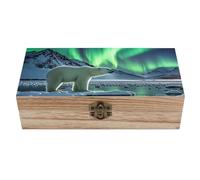 FekiLoot Polar Bears Northern Lights Wooden Storage Box Keepsake Box with Lid And Front Clasp Dust-Proof Jewelry Boxes Vintage Treasure Chest Decorative Boxes Gifts for Women Men Home Decor