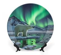 FekiLoot Polar Bears Northern LightsDecorative Ceramic Plate Dinner Plate for Salad Dessert Round Display Plate Decorative Porcelain Dish Wall Ornament Microwave Oven Dishwasher Safe Gift 10inch
