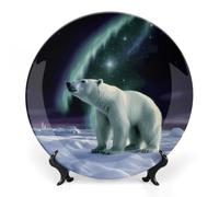 FekiLoot Polar Bears Northern LightsDecorative Plate Round Ceramic Plates with Display Stand Salad & Dessert Serving Plates Home Table Art Decoration for Kitchen Dining Room Wine Cabinet 10inch