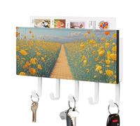 FekiLoot Poppies Field Yellow Brick Road Key Holder Wall Mount PU Leather Adhesive Key Rack with 5 Hooks Decorative Keys Storage Holder Mail Organizer Decor for Entryway Hallway Office Kitchen White