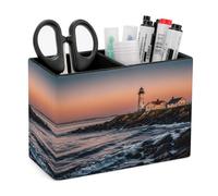 FekiLoot Portland River Lighthouse Sunrise PU Leather Pen Holder with 2 Compartments Rectangle Desk Storage Organizer Desktop Stationery Container Pencil Cup for Office School Home Accessories