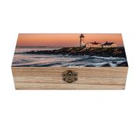 FekiLoot Portland River Lighthouse Sunrise Wooden Storage Box Keepsake Box with Lid And Front Clasp Dust-Proof Jewelry Boxes Vintage Treasure Chest Decorative Boxes Gifts for Women Men Home Decor