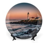 FekiLoot Portland River Lighthouse SunriseDecorative Ceramic Plate Dinner Plate for Salad Dessert Round Display Plate Decorative Porcelain Dish Wall Ornament Microwave Oven Dishwasher Safe Gift 6inch