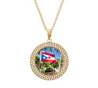 FekiLoot Puerto Rico Flags Frog Palm Trees Pendant Necklace for Women Men Elegant Diamond Circle Necklaces with 19.7 Inch Chain, Zinc Diamond Jewelry for Birthday Christmas Valentine's Day Gift, One