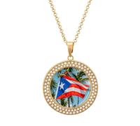 FekiLoot Puerto Rico Flags Frog Palm Trees Pendant Necklace for Women Men Elegant Diamond Circle Necklaces with 19.7 Inch Chain, Zinc Diamond Jewelry for Birthday Christmas Valentine's Day Gift, One
