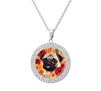 FekiLoot Pug Flower Pendant Necklace for Women Men Elegant Diamond Circle Necklaces with 19.7 Inch Chain, Zinc Diamond Jewelry for Birthday Christmas Valentine's Day Gift, One size, Zinc, Diamond