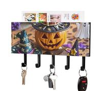 FekiLoot Pumpkin Halloween Key Holder Wall Mount PU Leather Adhesive Key Rack with 5 Hooks Decorative Keys Storage Holder Mail Organizer Decor for Entryway Hallway Office Kitchen Black