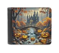 FekiLoot Pumpkin Lantern Ancient Bridge Wallet Large Capacity Slim Bifold Wallet with Multiple Card Slots PU Leather Men Purse