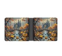 FekiLoot Pumpkin Lantern Ancient Bridge Wallet Slim PU Bifold Design Wallet with Multiple Card Slots Wallets Extra Capacity Pocket Wallets