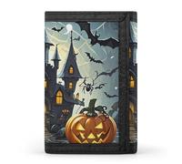 FekiLoot Pumpkin Lantern Castle Trifold Wallet Slim Credit Card Holder Stylish Trifold Billfold Minimalist Front Pocket Friendly Purses