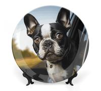 FekiLoot Puppy Dog Boston Terrier Decorative Plates Bone China Plates with Stand for Display 10inch Round Ceramic Dinner Plates Dessert Plate for Kitchen Party Coffee Table Decor Art