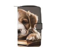 FekiLoot Puppy Dog with Book Wallet Large Capacity Travel Double Fold Wallets Portable Zipper Leather Purse for Women Men