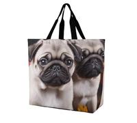 FekiLoot Puppys Pug Shopping Bag Foldable, Multipurpose Shoulder Bag, Reusable Grocery Bag Holder with Long Shoulder Strap, Waterproof Tote Bags for Work, Beach, Travel