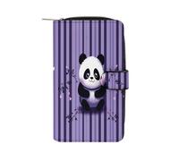FekiLoot Purple Striped Panda Wallet for Women Leather Bifold Wallet Compact Cute Cash Purse Ladies Clutch Wallets Large Capacity Credit Card Holder Travel Zipper Coin Pocket