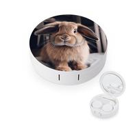 FekiLoot Rabbit on Bed Contact Lens Case Portable Travel Outdoor Contact Lens Cases Circle Leakproof Makeup Storage Box with Mirror for Home Office Dormitory
