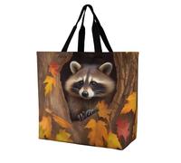 FekiLoot Raccoon in The Fall Tree Hole Shopping Bag Foldable, Multipurpose Shoulder Bag, Reusable Grocery Bag Holder with Long Shoulder Strap, Waterproof Tote Bags for Work, Beach, Travel