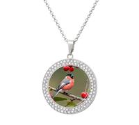 FekiLoot Red-bellied Gray Finch with Cherry Pendant Necklace for Women Men Elegant Diamond Circle Necklaces with 19.7 Inch Chain, Zinc Diamond Jewelry for Birthday Christmas Valentine's Day Gift, One
