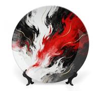 FekiLoot Red Black Abstract Decorative Plates Bone China Plates with Stand for Display 7inch Round Ceramic Dinner Plates Dessert Plate for Kitchen Party Coffee Table Decor Art