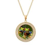 FekiLoot Red Eyed Tree Frog Pendant Necklace for Women Men Elegant Diamond Circle Necklaces with 19.7 Inch Chain, Zinc Diamond Jewelry for Birthday Christmas Valentine's Day Gift, One Size, Zinc