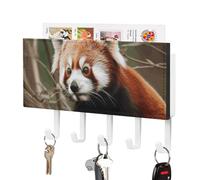 FekiLoot Red Panda on Tree Branch Key Holder Wall Mount PU Leather Adhesive Key Rack with 5 Hooks Decorative Keys Storage Holder Mail Organizer Decor for Entryway Hallway Office Kitchen White