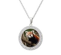 FekiLoot Red Panda on Tree Branch Necklace Round Coin Pendant Necklace Fashion Charm Jewelry Necklace Elegant Circle Diamond Necklace for Women Jewelry Gift, One size, Metal, No Gemstone