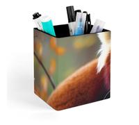 FekiLoot Red Panda Pen Holder for Desk, Personalized Pencil Cups for Office, Square Makeup Brush Holder for Bathroom, PU Leather Pencil Organizer Case, Pen Storage Box