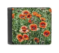 FekiLoot Red Poppy Flowers Leaves Wallet for Men Slim Bifold PU Leather Wallet Extra Capacity Wallets with Card Slots