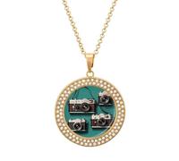 FekiLoot Retro Cool Camera Collection Pendant Necklace for Women Men Elegant Diamond Circle Necklaces with 19.7 Inch Chain, Zinc Diamond Jewelry for Birthday Christmas Valentine's Day Gift, One Size