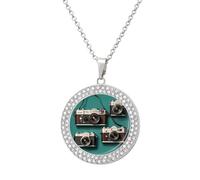 FekiLoot Retro Cool Camera Collection Pendant Necklace for Women Men Elegant Diamond Circle Necklaces with 19.7 Inch Chain, Zinc Diamond Jewelry for Birthday Christmas Valentine's Day Gift, One Size