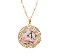 FekiLoot Ribbon Butterfly on Peony Pendant Necklace for Women Men Elegant Diamond Circle Necklaces with 19.7 Inch Chain, Zinc Diamond Jewelry for Birthday Christmas Valentine's Day Gift, One size