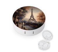 FekiLoot Romantic Paris Eiffel Tower Contact Lens Case Portable Travel Outdoor Contact Lens Cases Circle Leakproof Makeup Storage Box with Mirror for Home Office Dormitory