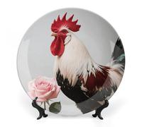 FekiLoot Rooster Red White Pink Rose Decorative Plates Bone China Plates with Stand for Display 8inch Round Ceramic Dinner Plates Dessert Plate for Kitchen Party Coffee Table Decor Art